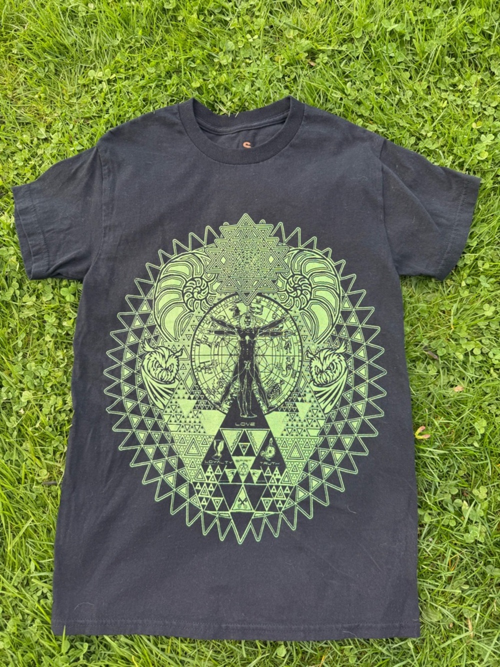 Black Graphic Crewneck T-Shirt with Green Geometric Print